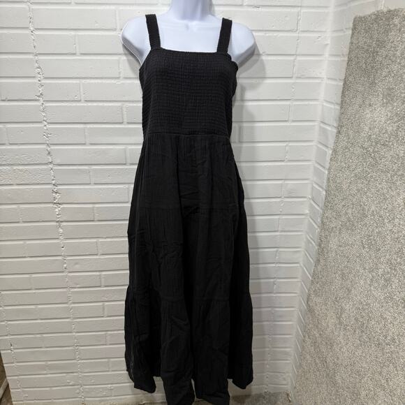 Quince NWOT Organic Cotton Gauze Smocked Sleeveless Maxi Dress Black Sz Med Eco - Picture 3 of 13